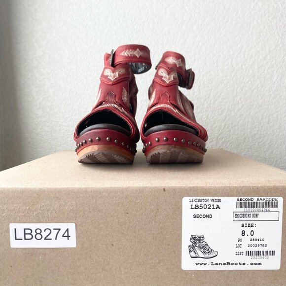 Lane Boots LEXINGTON Womens Red Wedges Western Sandals Wooden Heels Size 8 - Picture 10 of 11